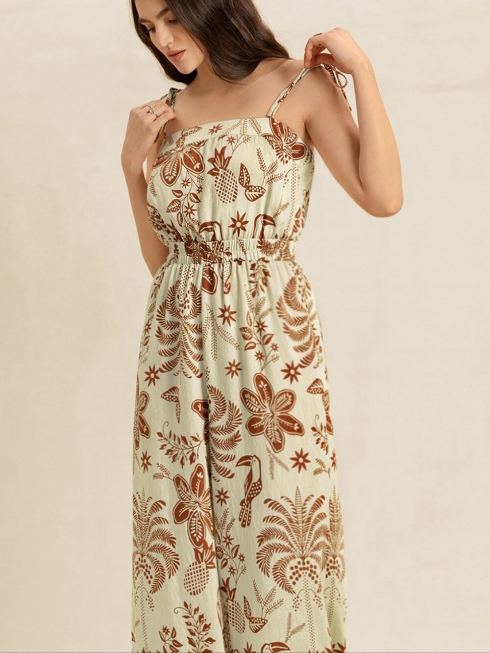 Women's Cream & Brown Printed Wide-Leg Jumpsuit - Picture 7 of 8